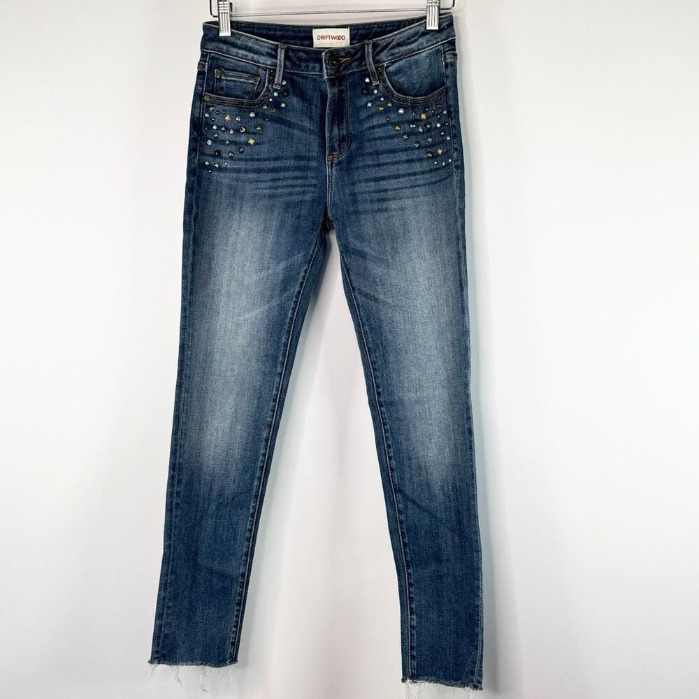 Driftwood Jackie Studded Mid Rise Raw Hem Skinny Jeans in Medium Dark Wash - Wom